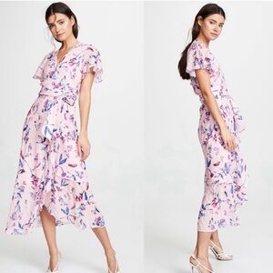 Tanya Taylor Blaire Faux Wrap Midi Dress Floral Pink Size 6 Silk Floral